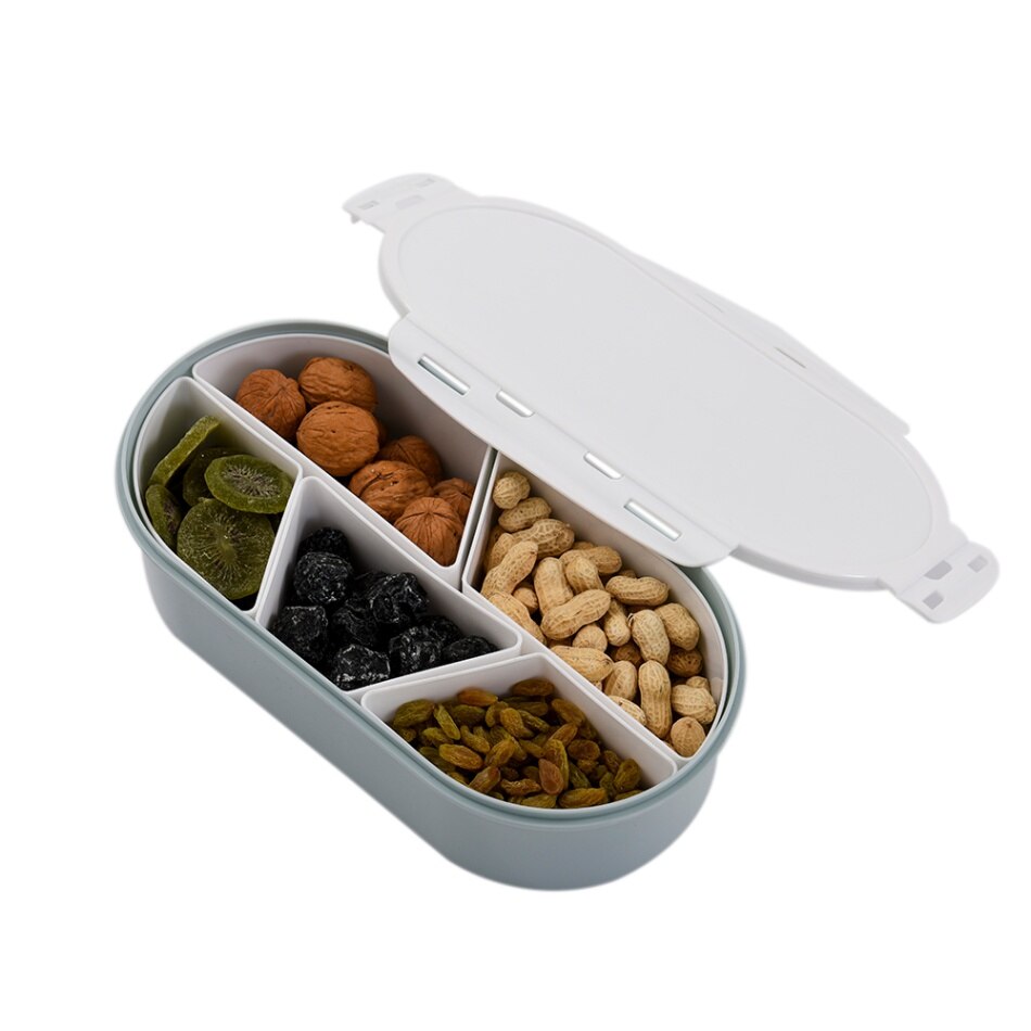 Fruits Nuts Plate with Lid Seal Detachable Multi Sectional Sub Grid Plastic Tray Candy Snack Dessert Serving Fruit Platter: Blue
