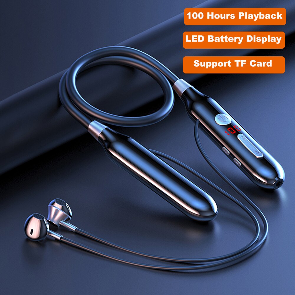 60 Hours Endurance Bluetooth Headphones Stereo Bass Wireless Headphone Neckband Power LED Display Headset TF Card Magnet: 100 Hours
