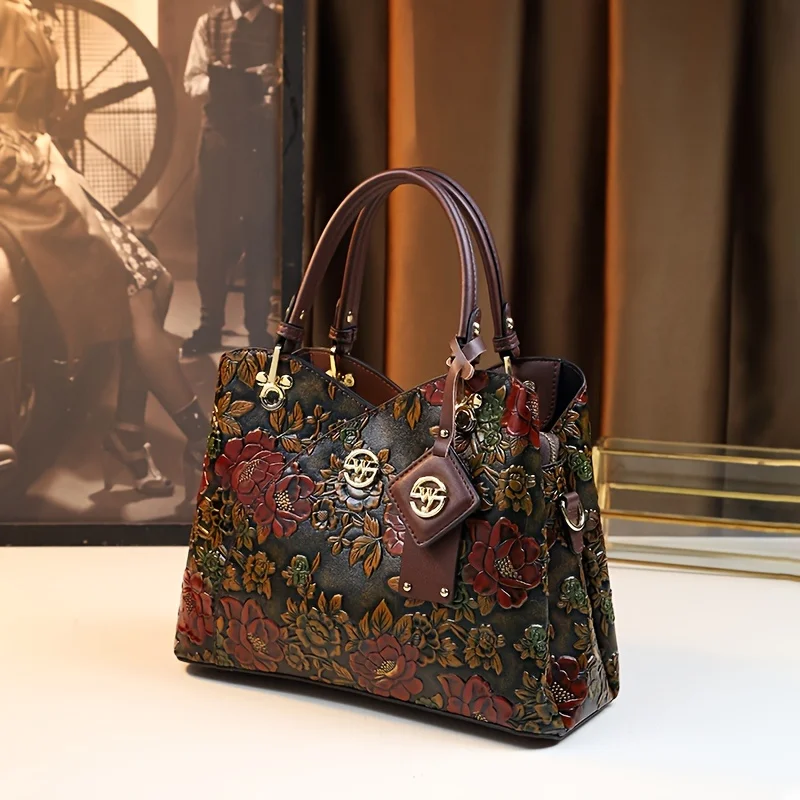 Vintage handtas met bloemenpatroon, luxe PU lederen draagtas, mode crossbody tas voor dames