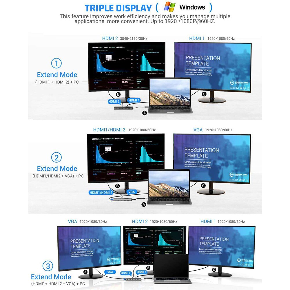 12 in 1 USB Type-C HUB 4 USB3.0 USB-C 2 1080P HDMI-compatible VGA RJ45 3.5mm SD TF Adapter laptop Smartphone Expansion Converter