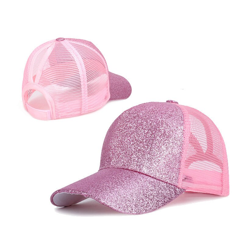 Bonés de beisebol de rabo de cavalo feminino malha chapéu de lantejoulas alta messy bun caminhoneiro pai chapéu de verão ponycap chapéu de sol para o verão sprng outono: Pink