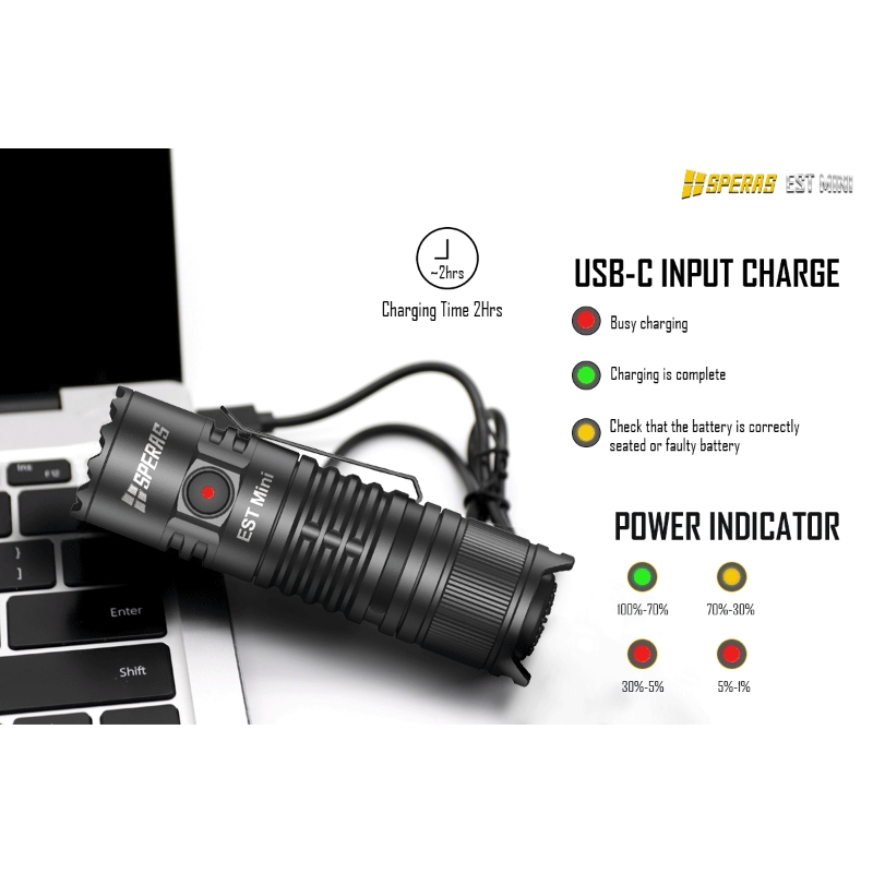 Speras edc-lommelykt anslått mini 1900 lumen bakbryter ledet-lommelykt usb c oppladbar liten lommelykt til camping