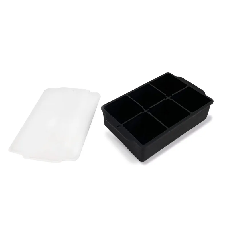 Grote ijsblokjesvorm met 6 vakken en deksels, gigantische jumbo grote siliconen ijsblokjesvorm, vierkante doos, stapelbaar, doe-het-zelf whisky-ijsmaker voor in de keuken: Zwart