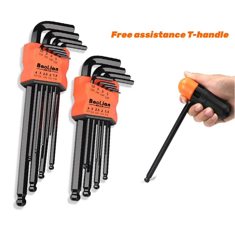 Juego de 9 Uds de llaves hexagonales, herramienta de llave Allen, llave cuadrada Torx, extremo de bola larga Hexagonal interior, llave L de 1,5 - 10mm con mango en T