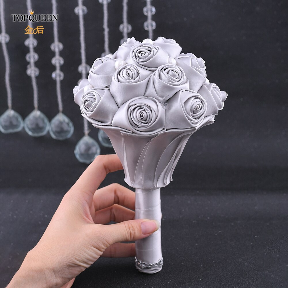 TOPQUEEN F3-GY hecho a mano ramos de novia para boda Premium gris Rosa Flor de satén ramo de rosas de novia para boda accesorios de la boda