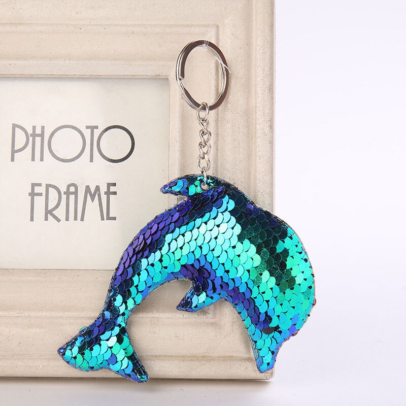 Delfin stjärna enhörning nyckelring glitter pompom paljetter nyckelring för kvinnor llaveros mujer bilväska tillbehör nyckelring: Delfinblått
