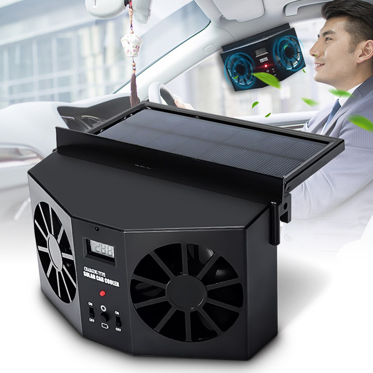 Genopladelig bil solcelle ventilator bil udstødningsventilator dobbelt luftudgang bilvindue køler køler genopladelig ventilation sort