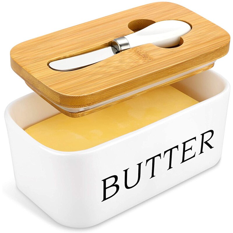 Nordic Butter Sealing Box Ceramic Butter Plate with Wood Lid and Knife Cheese Storage Tray Butter Dish Container Box