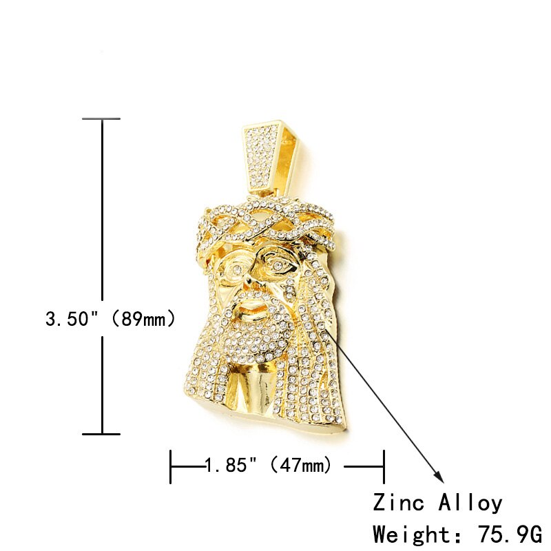 Huge Jesus Pendant Necklace Men Ice Out Paved Full Shining Crystal Jesus Head Face Gold Color Charm Necklace Hip Hop Jewelry