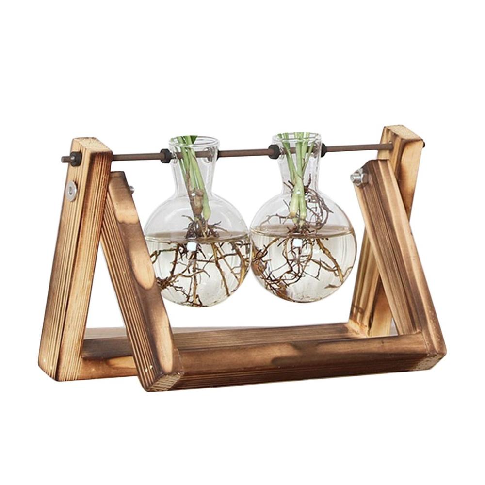 Desktop Glass Planter Bulb Vase with Retro Solid Wooden Stand and Metal Swivel Holder for Hydroponics Plants Home Office Decor: 2