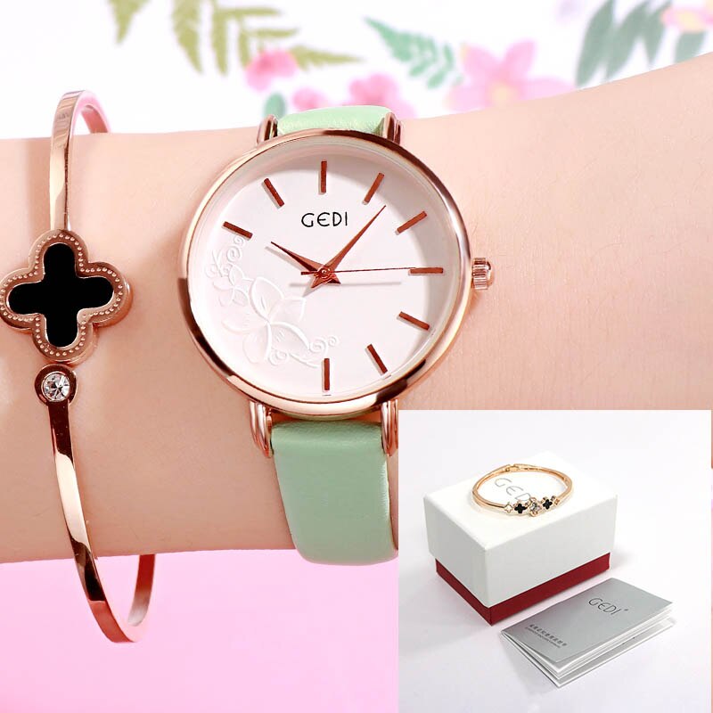 GEDI Frauen Uhr Ultra-dünne Quarzuhr Einfache Stil Geschäft Uhr Dame Lederband Uhr Frauen Armbanduhr Reloj mujer: Grün Kasten