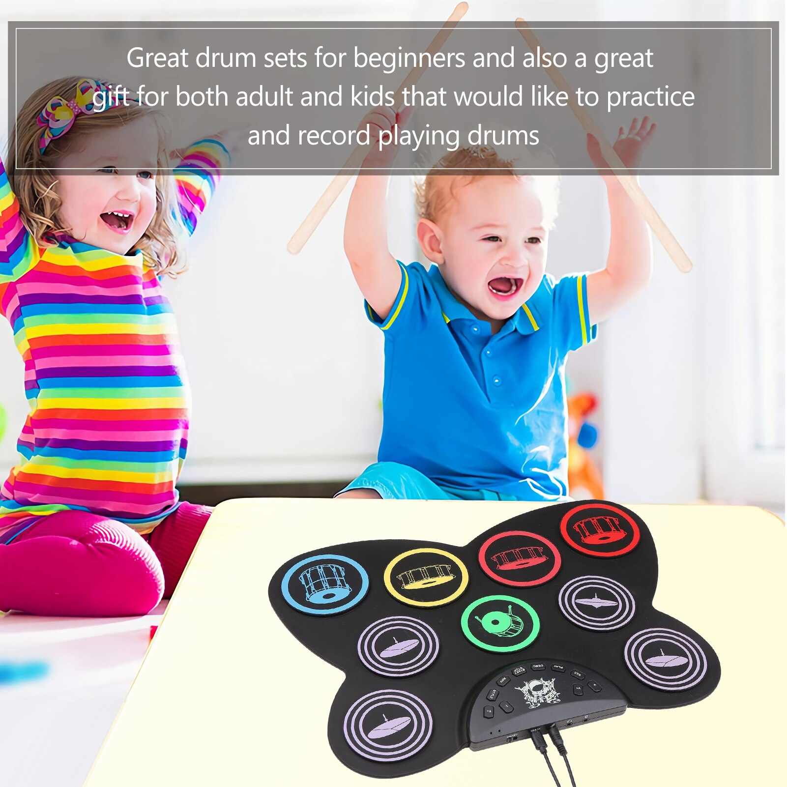 Ensemble de batterie électronique pliable en silicone, taille compacte, USB, coussin de batterie avec 9 tampons, pédales pour débutants