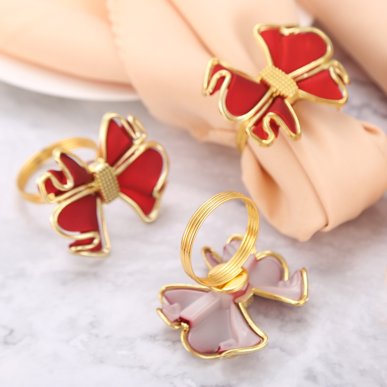 Servilletero con forma de lazo rojo de , anillo de acrílico con hebilla para boda, ceremonia, , decoración para el hogar, 6/12 piezas