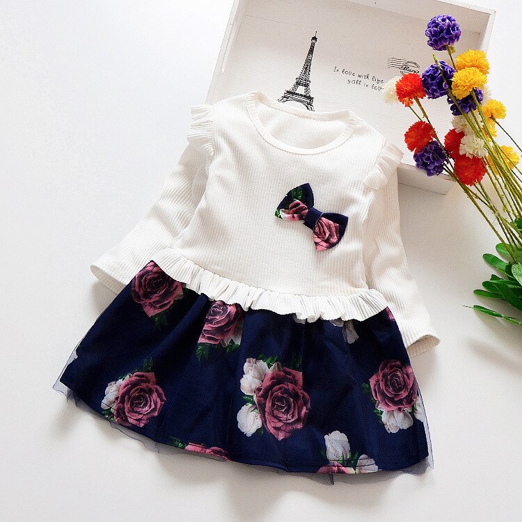 1-4y Bambino Del Bambino Della Ragazza del Vestito di Autunno Del Bambino Vestito Floreale Manica Lunga Per Bambini Vestiti Delle Ragazze di Modo Vestiti: White / 18m