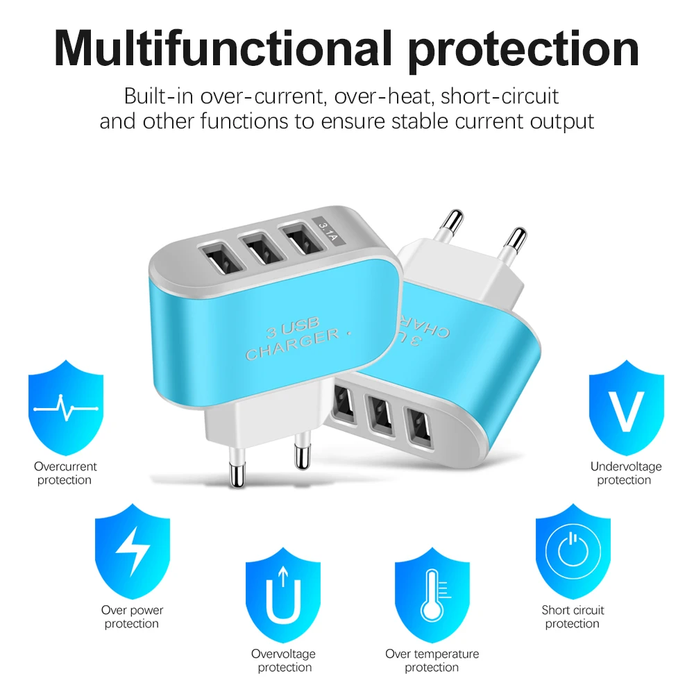 Cargador USB 3.1A de 3 puertos, luz LED, cabezal de carga rápida multifuncional, cabezal de carga USB, adaptador de pared para cargador de teléfono móvil USB