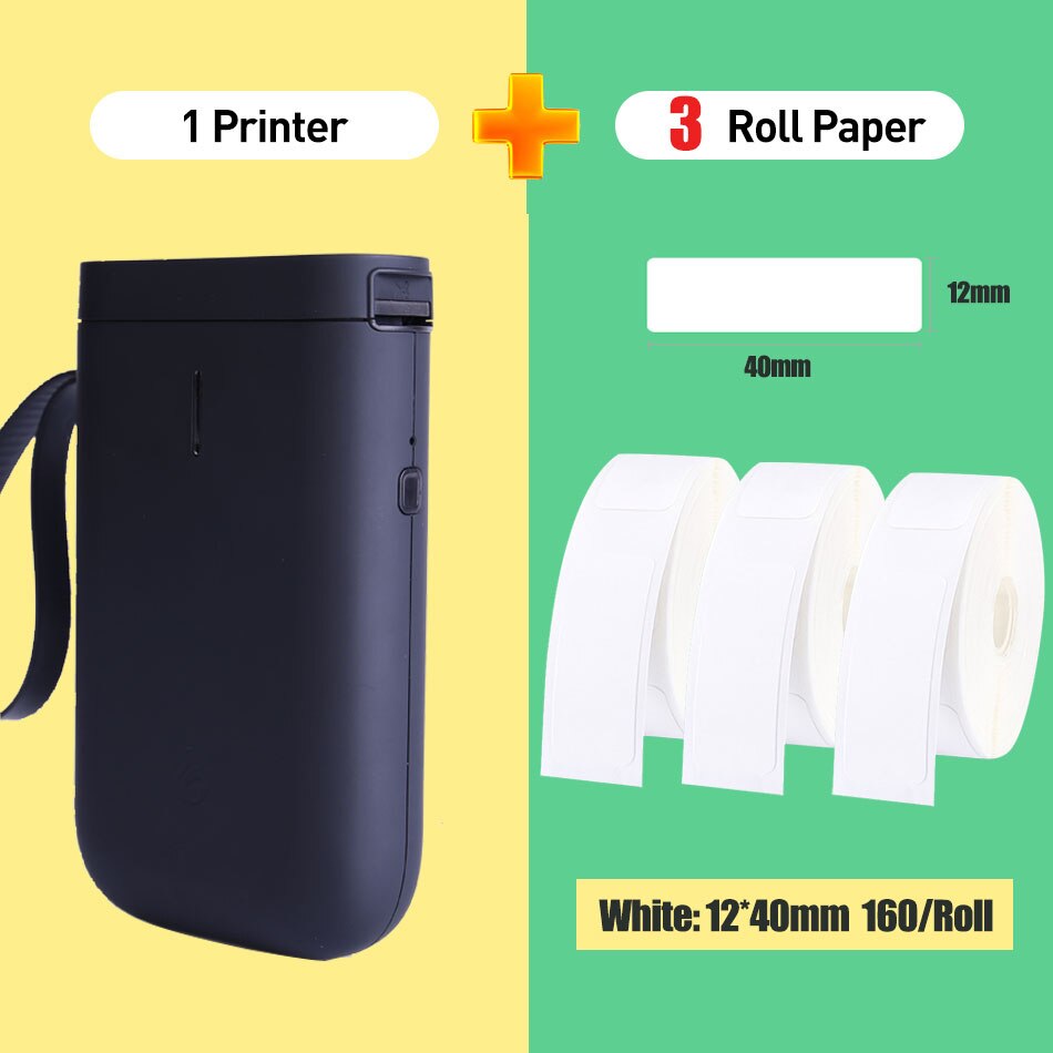 Niimbot D11 Mini Portable Thermal Label Printer Pocket Tape Sticker Label Maker For Mobile Android iOS Phone: Black Add 3 White M