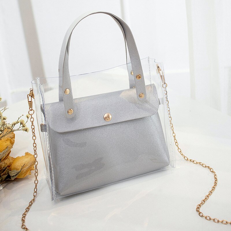 Handtas Pu Vrouwen Schoudertas Transparante Metalen Ketting Dual-Gebruik Snoep Kleur Tote Messenger Lady portemonnee: Grijs
