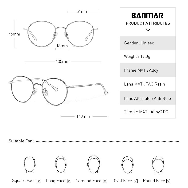 BANMAR Computer Round Frame Glasses Women Rays Radiation Gaming Eyewear Frames Metal Unisex Anti Blue Light Glasses Men Optical