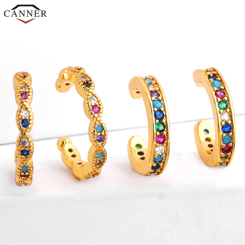 Small Cuff Earrings for Women Rianbow Zircon Half Circle Clip Earrings CZ Crystal Ear Cuffs Gold No Pierced Jewelry H40