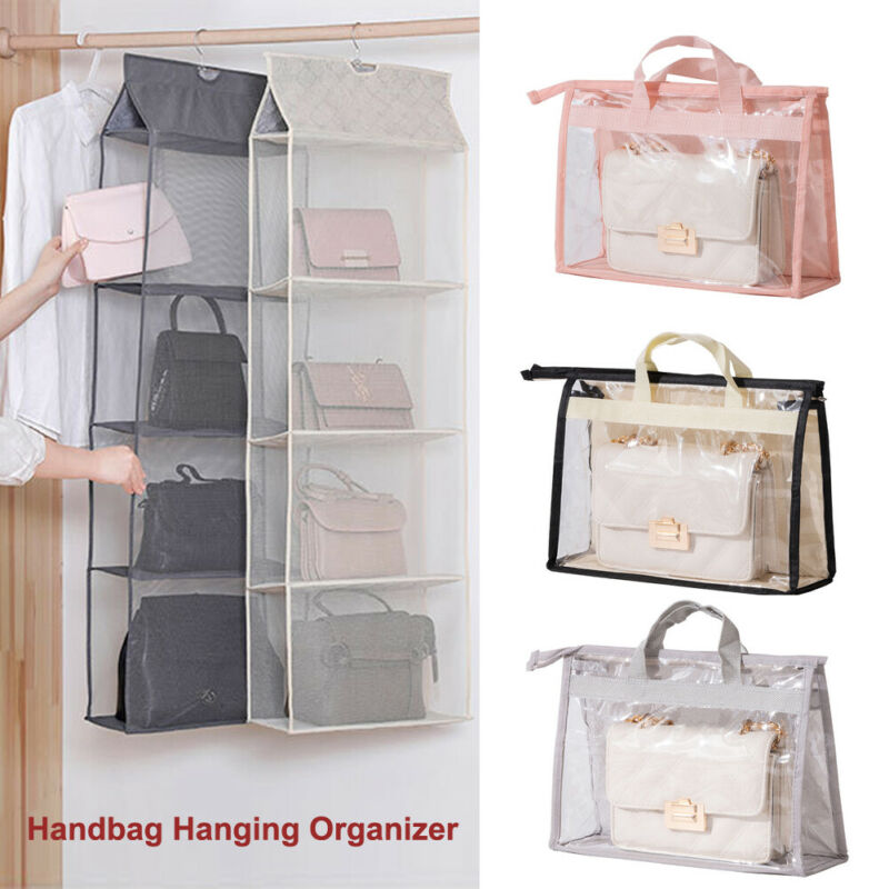 Hanging Handbag Organizer Pockets Shelf Bag Storage Holder Wardrobe Closets /BY: Beige / S