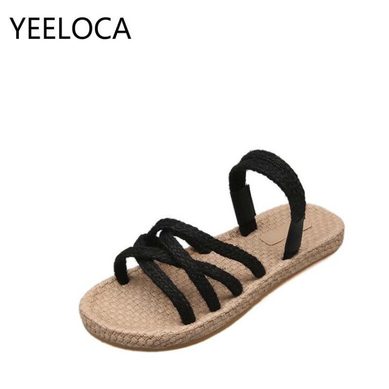 YEELOCA Hanf Seil Kreuz-krawatte Frauen Unterhose-an Strand Sandalen Pumps schneiden-aus Hausschuhe Frauen Schuhe Wohnungen zandalias De Verano Mujer