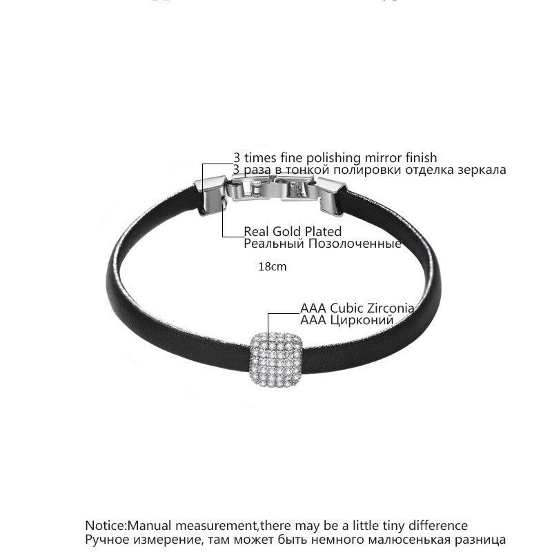 LUOTEEMI Trend Leather Simple Geometric Zircon Bead Handmade Charm Bracelets &amp; Bangles for Women Trendy Black PU Leather Jewelry
