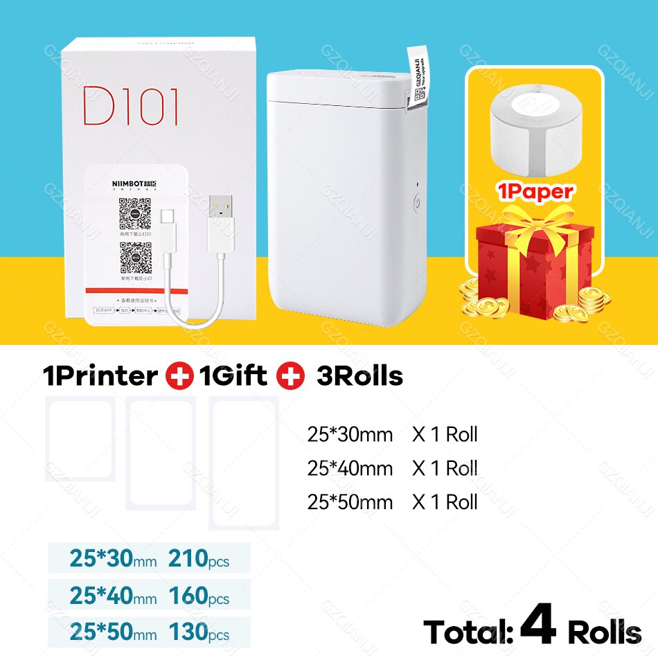 Niimbot Label Printer D101 Mini Wireless Protable Mobile Printer with 1 Roll Label Paper Price Tag Printing: D101 add 4Roll E