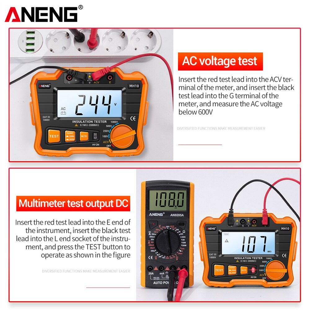 Aneng MH10 Digitale Megohmmeter Megger Meter Isolatie Aarde Ground Resistance 100-1000V Ohm Voltage Tester