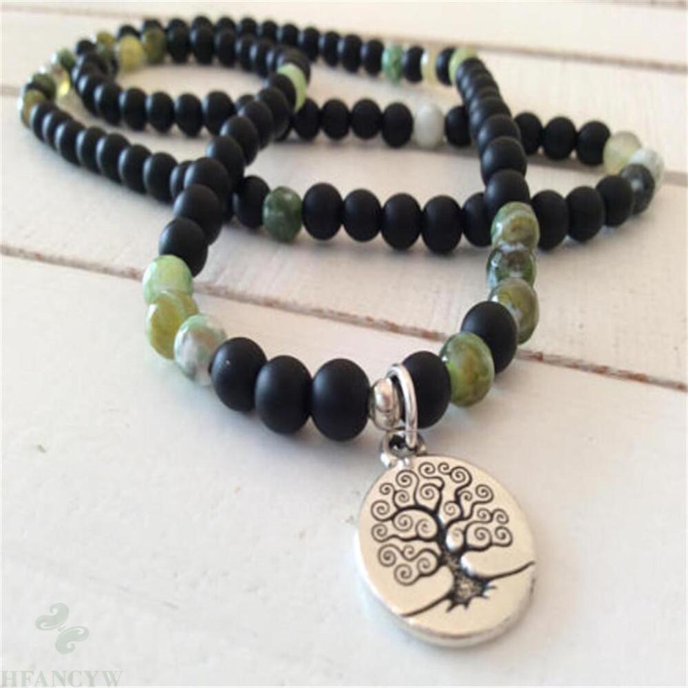 6mm Black Stone Indian Life Tree Pendant Necklace Wrist Meditation Cuff Yoga Bracelet Handmade Chic Bless