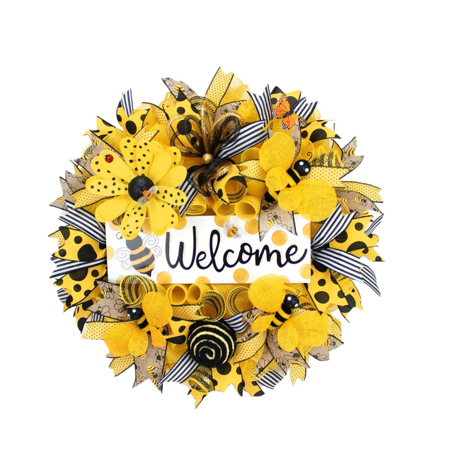 Happy Bee Day Artificial Wreath Welcome Signs Garden Decoration Countryside Style Bumble Bee Sunflower Outdoor Door Wall Decor: Default Title