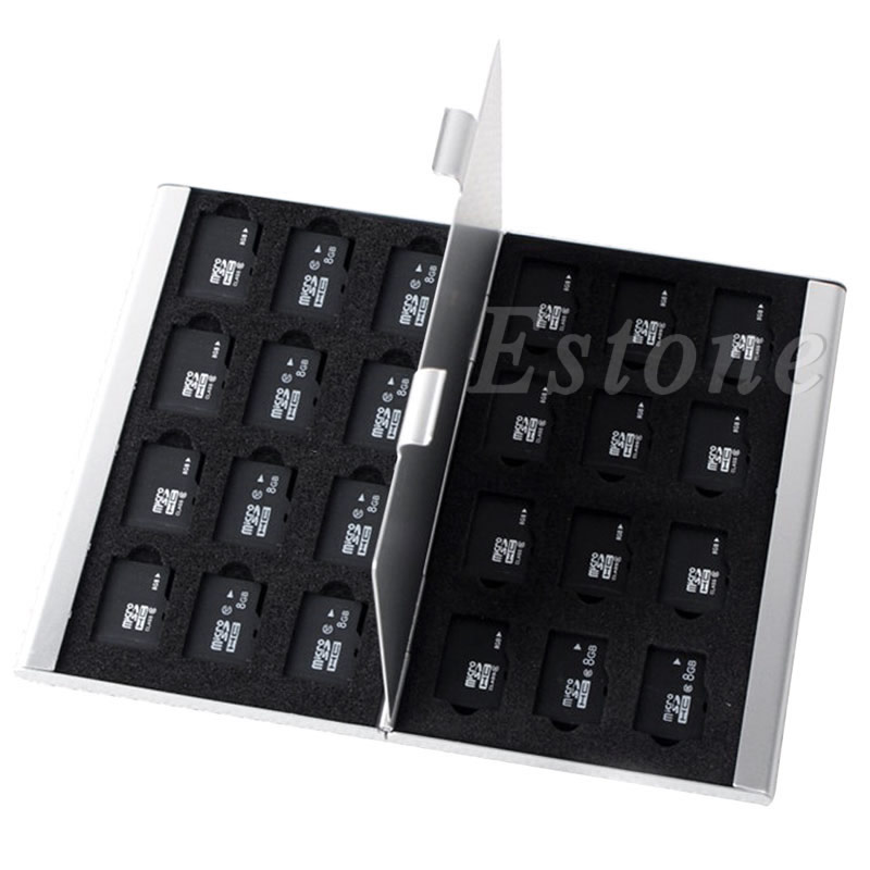 Zilver Aluminium Memory Card Storage Case Box Houder Voor 24 TF Micro SD Kaarten-L059