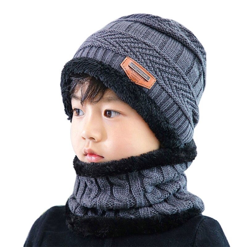 Gorro de invierno para niños, 2 uds., conjunto de bufanda circular, etiqueta de cuero sintético, Crochet, tejido de felpa, forrado, gorro de Calavera, calentador de cuello: Gris