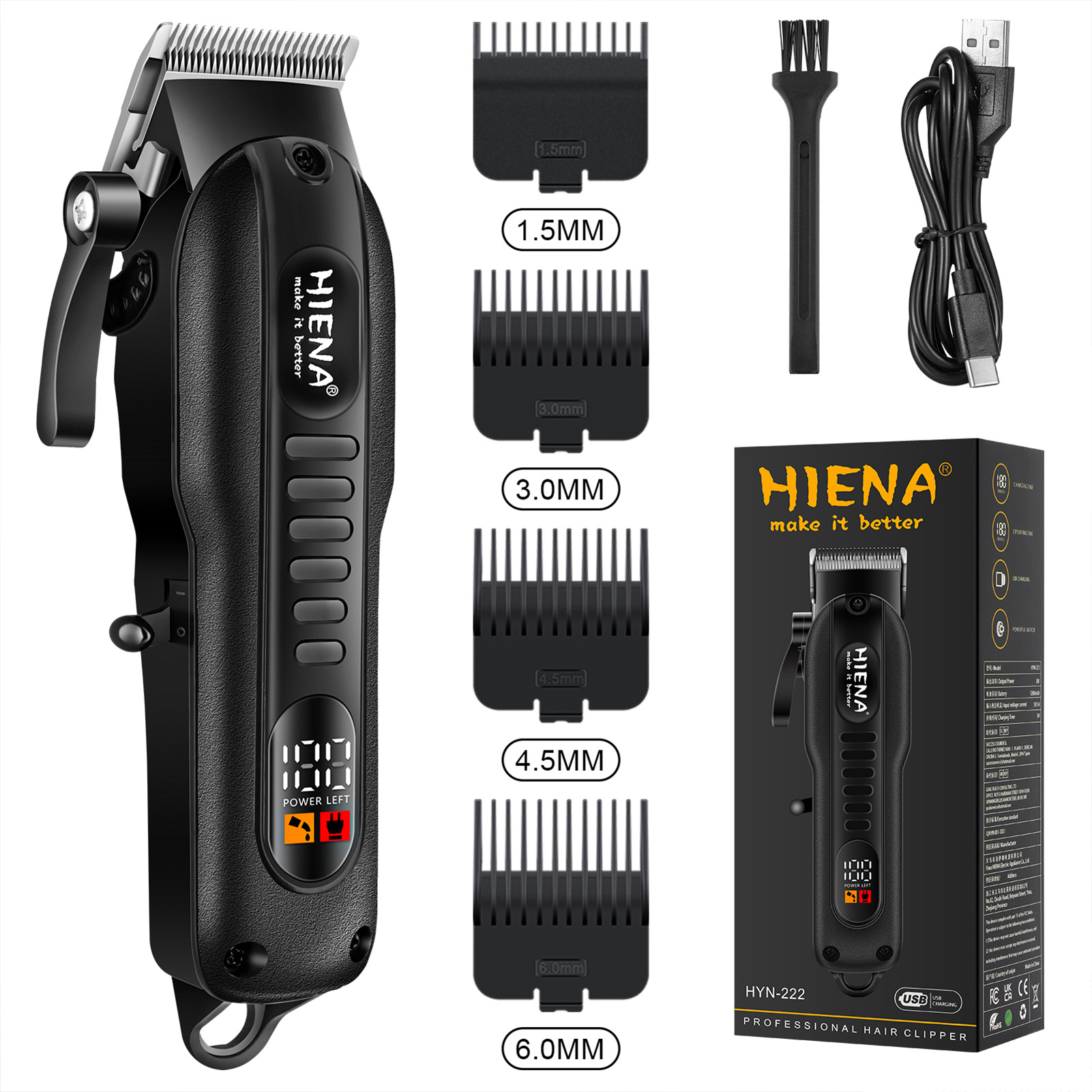 HIENA Tondeuse 1200mAh High Power Elektrische Tondeuse Set Professionele Kapper Haar Snijmachine Draadloze Tondeuse: Black