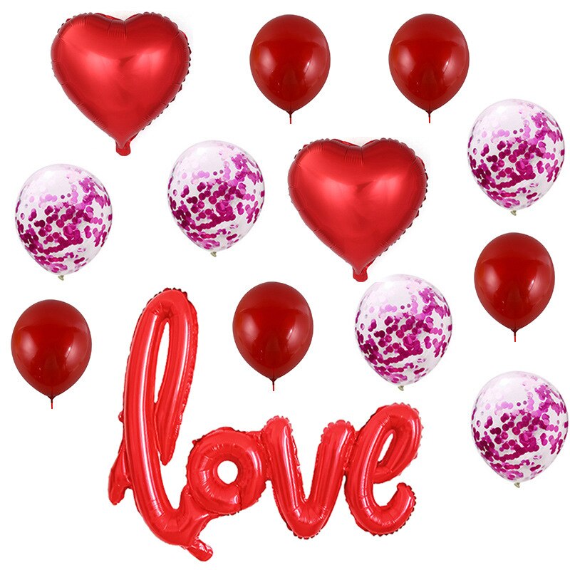 Large Siamese Love Balloon Set Valentine Day 12-inch Sequin Balloon Combination Wedding Decoration Round Confetti Latex Balloon: Red