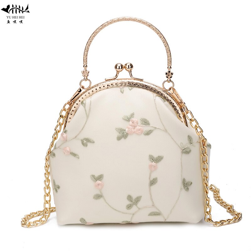 Flowers Lace Chain Women Shoulder Crossbody Bags Vintage Chic Lady Shell Bag Kiss lock Women's Handbags Purses