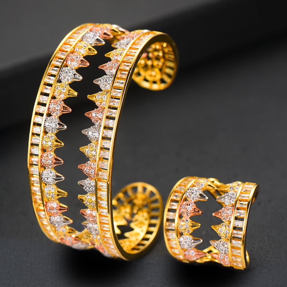 GODKI Revet, colgantes de dientes, 2 unidades, brazalete, anillo de puño, conjunto para mujer, boda, novia, zirconia cúbica, Dubai, de boda, alta joyería BOHO