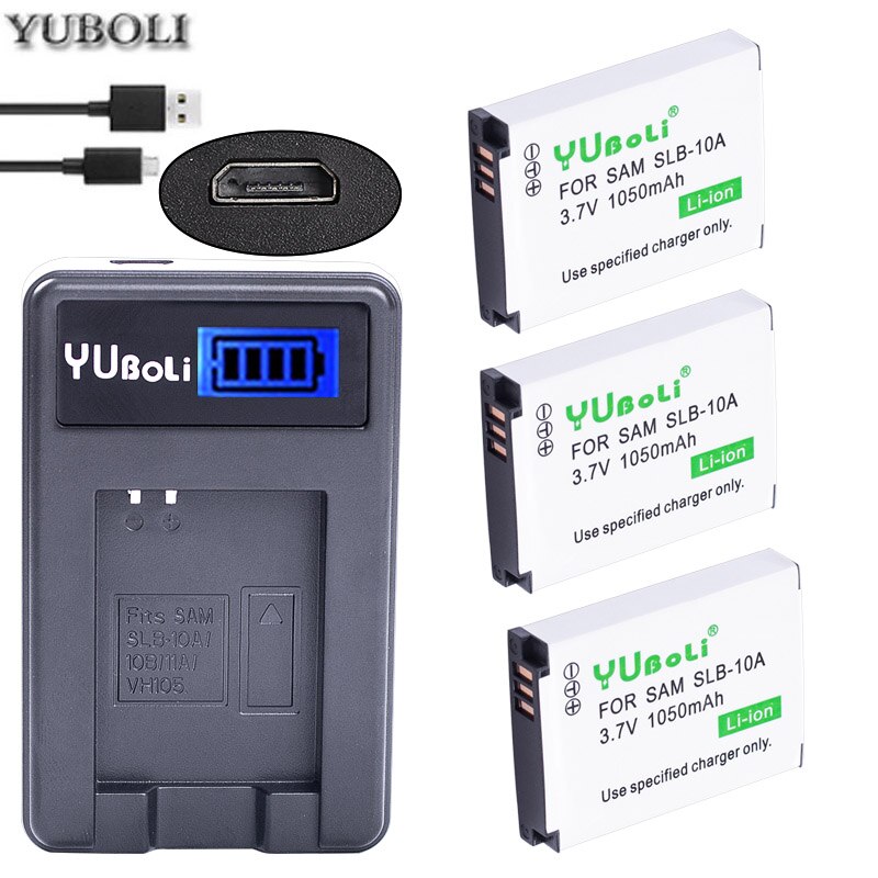 Yuboli 1050 mah slb slb -10a 10a 10a slb batteri + lcd usb lader til samsung hmx -u10 hmx -u100 sl720 hz15w sl310w sl820 hz10w es60: Lader og 3 batterier