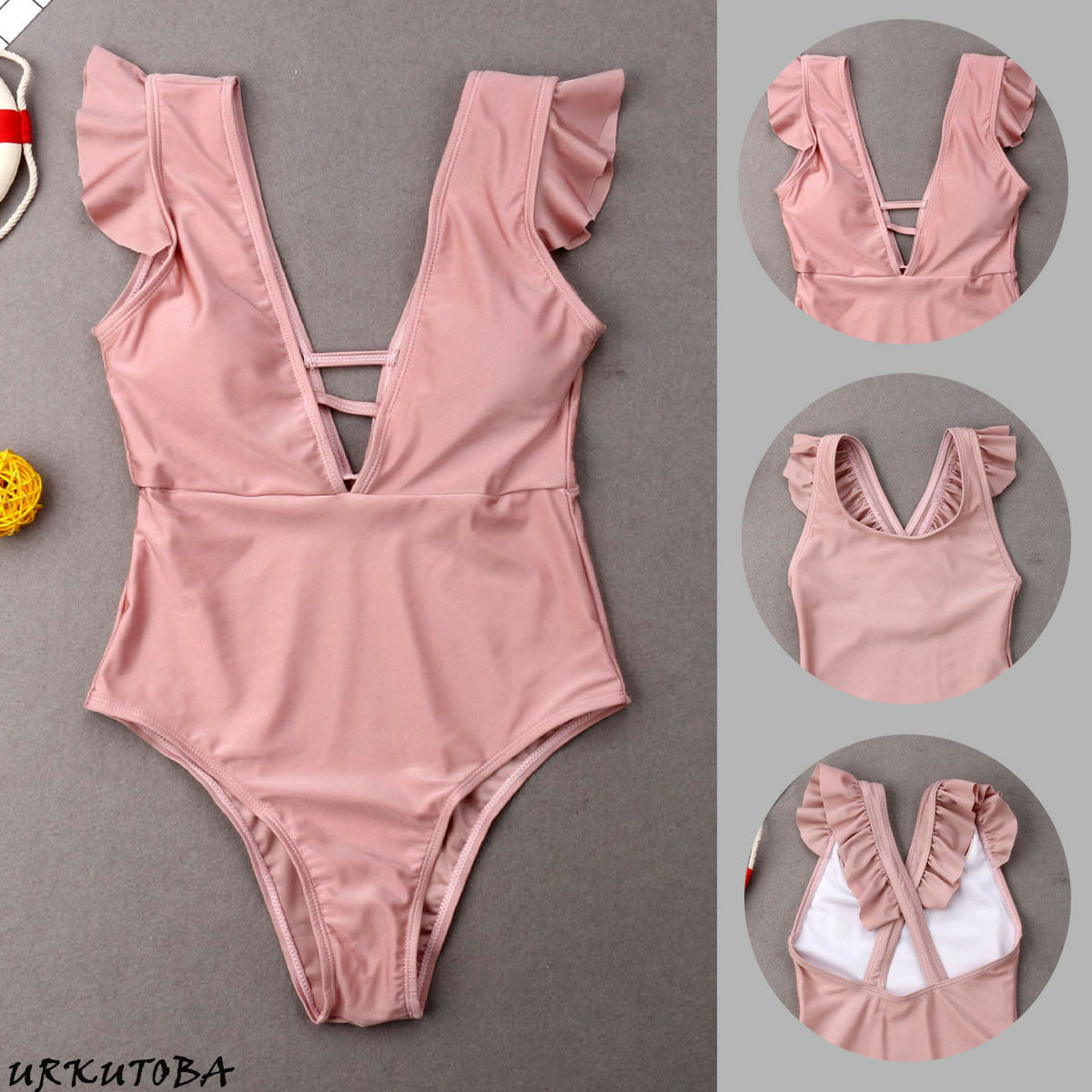 La familia de verano traje a juego madre hija Bikini Rosa volantes acolchado rosa con cuello en V traje de baño trajes de baño