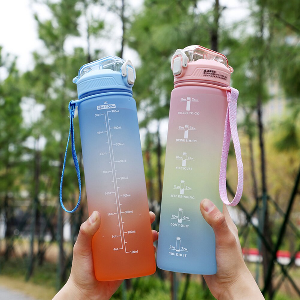 1000Ml Sport Water Fles Met Tijd Marker Voor Outdoor Gym Fitness Reizen Draagbare Lekvrij Drinkware Plastic Drinkbekers