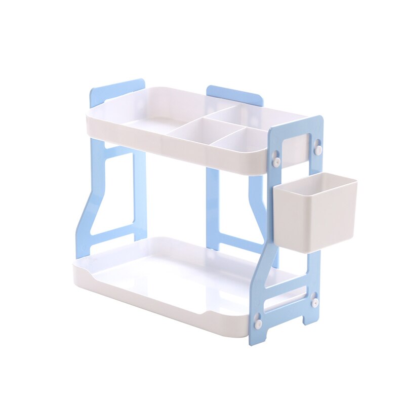 Multifunction Double Layers Stationery Organizer ABS Bookshelf With Pen Holder Desk Storage Rack Box Home Office Supplies: Blue