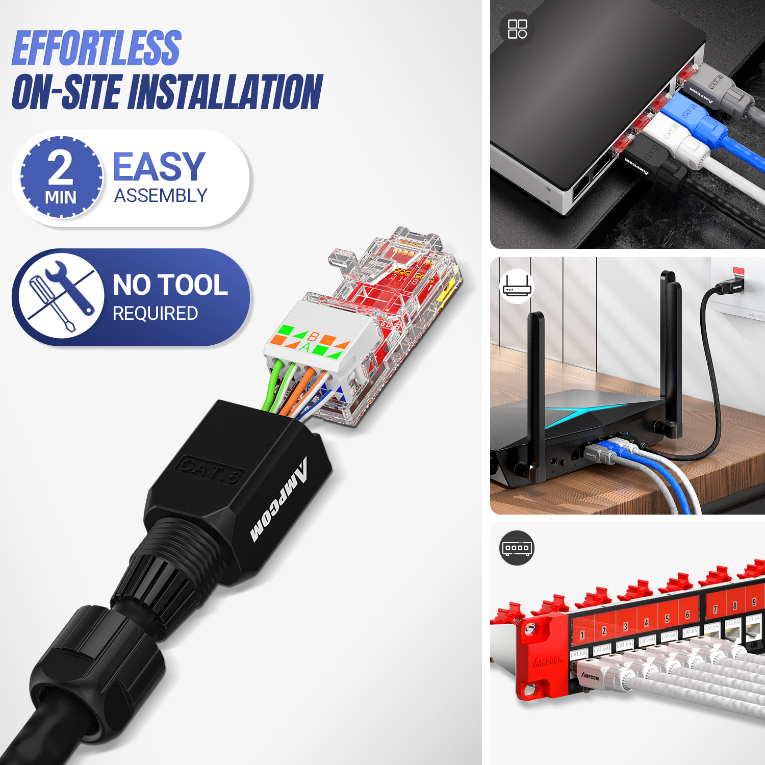 AMPCOM Werkzeugfreier RJ45-Stecker, kein Crimpwerkzeug weniger UTP 1000 Mbit/s Katze6/Katze6A Modularstecker für verseiltes fest-LAN-Ethernet-Kabel