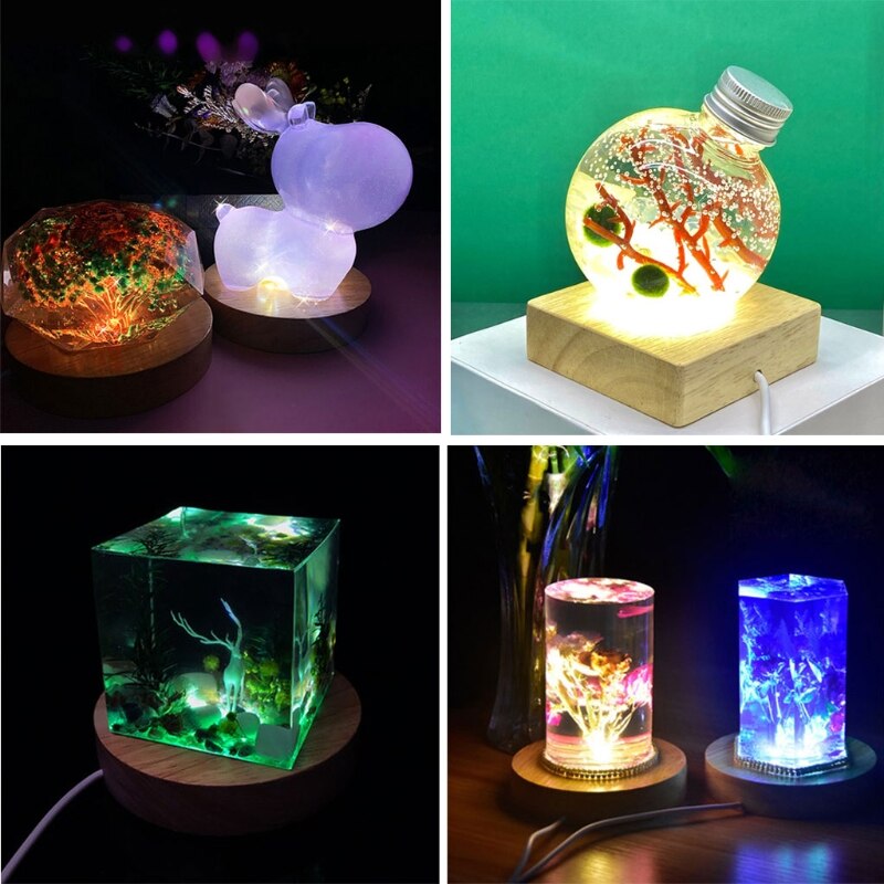 Handmade LED Wood Resin Display Base Round Wooden Night Base Resin Ornament Stand DIY Night Light Resin Art Crafts