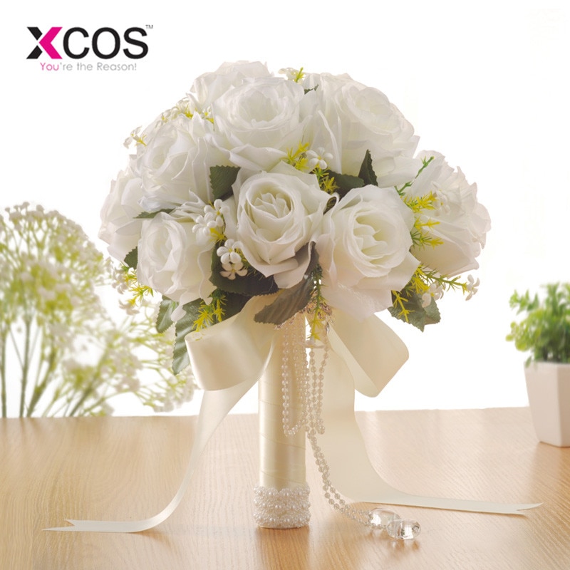 XCOS Kunstmatige Witte Bloem Boeket Bruidsboeket de mariage Handgemaakte Bladeren Parel Bloemen Bruidsmeisje Bruidsboeketten