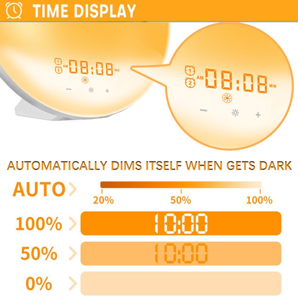 Smart Wake Up Light Digitale Wekker App Controle Met 7 Kleuren Zonsondergang Zonsopgang Led Lamp Snooze Klokken Natuur Muziek fm Radio