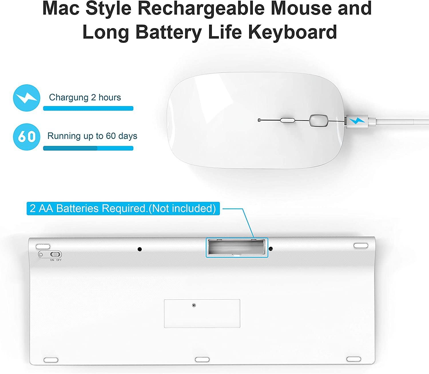 Wireless Keyboard and Mouse Combo, Full-size keyboard,，Slient Click Mouse for PC, Laptop, Desktop, Windows, Mac OS(Silver White)