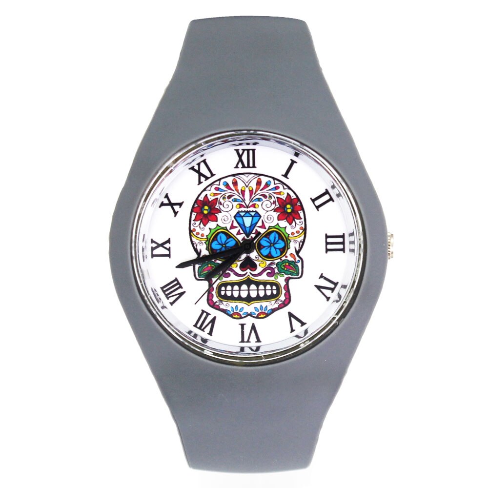 Ghost Skeleton Watches Flower Skull Halloween Women Men Silicone Band Sport Quartz Wrist Watch: Grey