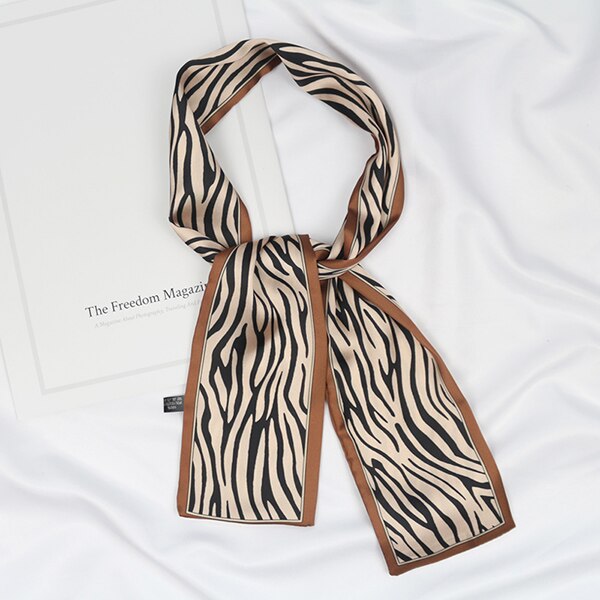 Håndtaske damer zebra trykt smalt langt hår hals slips satin silke lommetørklæde kvinder skinny lille tyndt tørklæde håndbånd: Kaffe (zebra type)