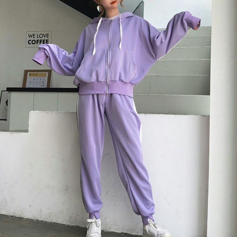 Vertvie Workout Tracksuits Women Zipper Crop Tops Drawstring Calf Length Pants Patchwork Sports Suits Oversize Coat Fitness: Purple / M