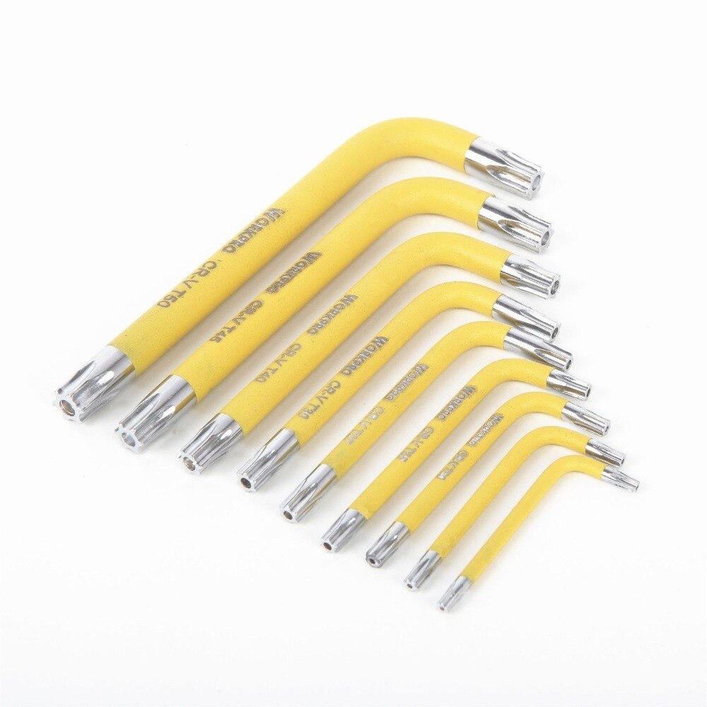 WORKPRO Yellow 9pcs torx Key Wrench Set Short Arm Star Key Set CR-V SAE Metric Allen Wrench Tool Set T10-T50