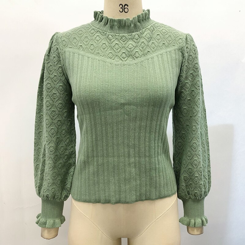 Simplee fourrure pompon pull automne hiver lanterne manches tricoté pull femme Streetwear dames vert pull: L / 2-green